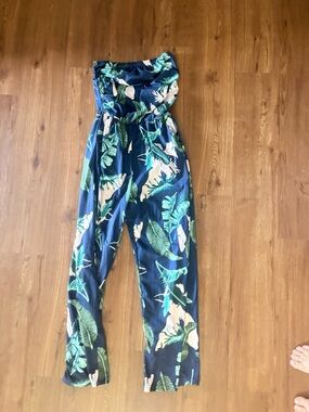 Strapless Tropical Print Jumpsuit in Navy with Green Leaf Pattern